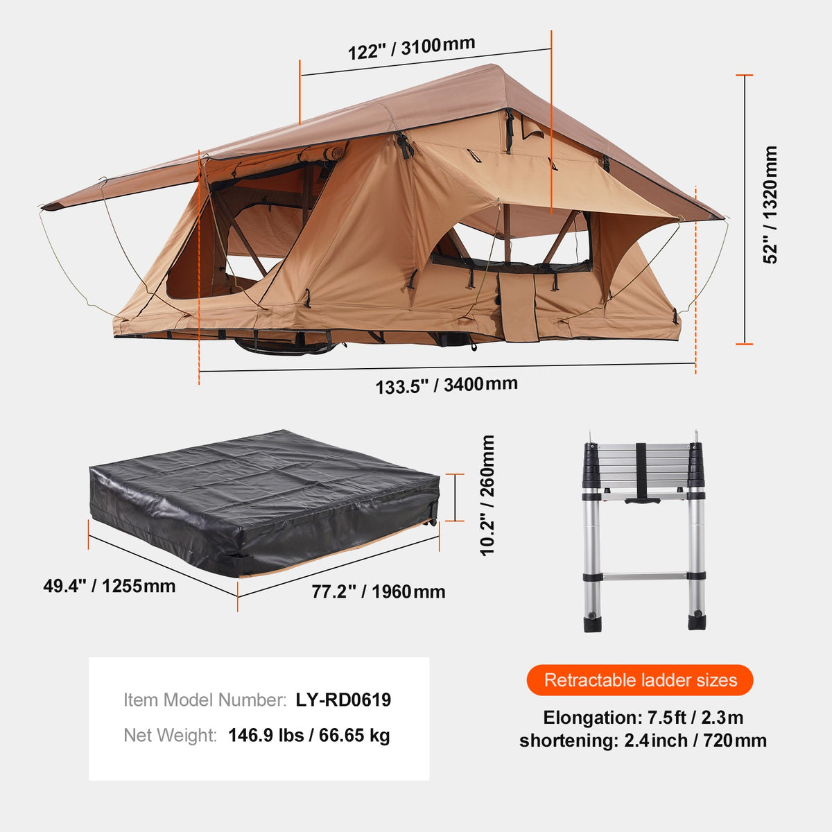 Softshell Roof Top Tent for 2-3 Person Waterproof for Jeep SUV W/ Ladder L Size