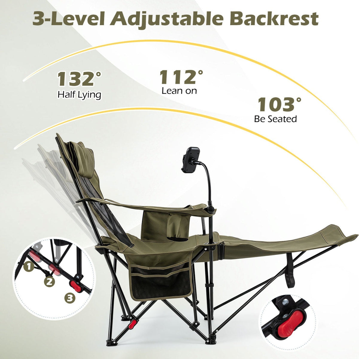 Reclining Camping Chair with Adjustable Backrest & Footrest