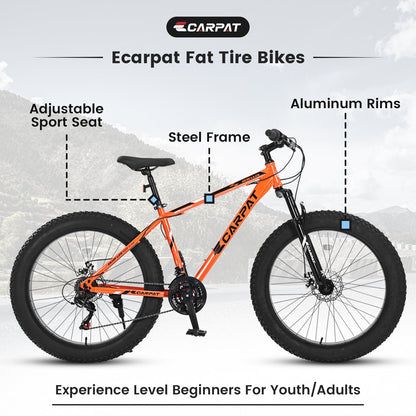 26" Elecony Fat Tire Mountain Bike (Orange) - Shimano 21-Speed, Dual Disc Brakes & Front Suspension