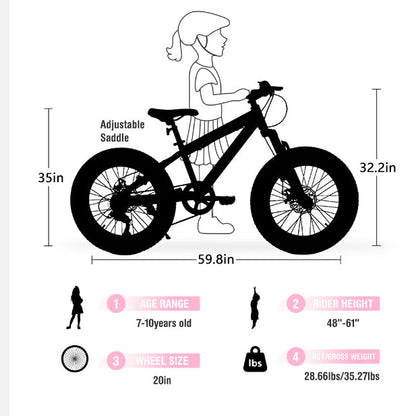 20" Kids Fat Tire Mountain Bike - 7-Speed, Front Suspension & Dual Disc Brakes
