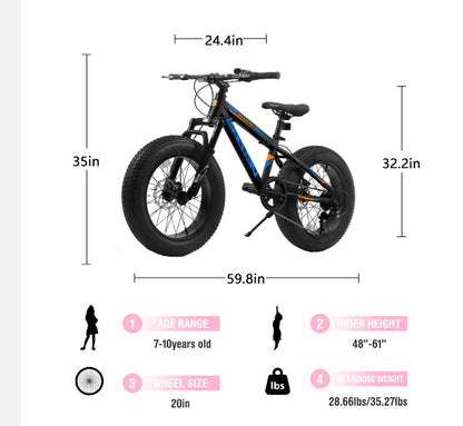 20" Kids Fat Tire Mountain Bike - 7-Speed, Front Suspension & Dual Disc Brakes