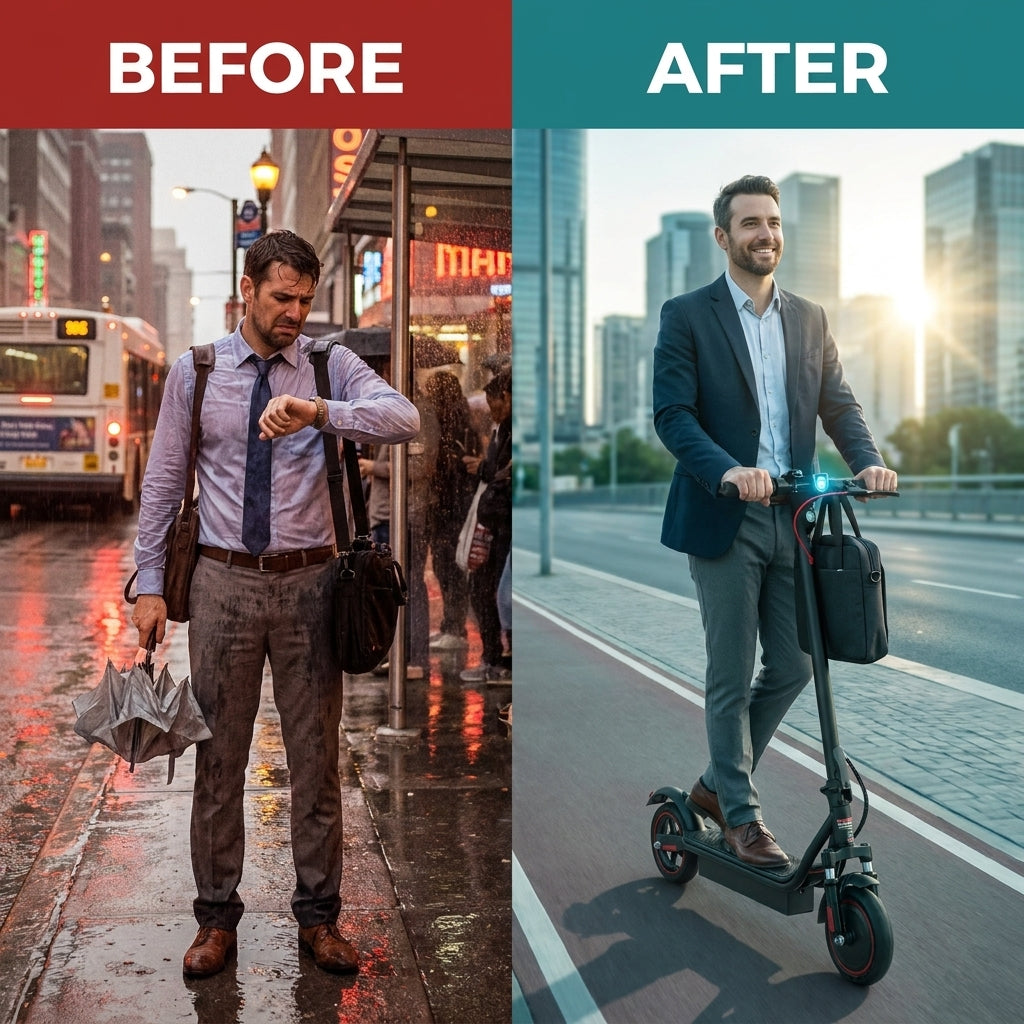 Electric Scooter,350W Motor up to 16MPH 21-24Miles Range 8.5" Solid Tires Portable Commuting Foldable Scooter for Adults with Dual Braking, Escooter for Adults Commuting — Before & After