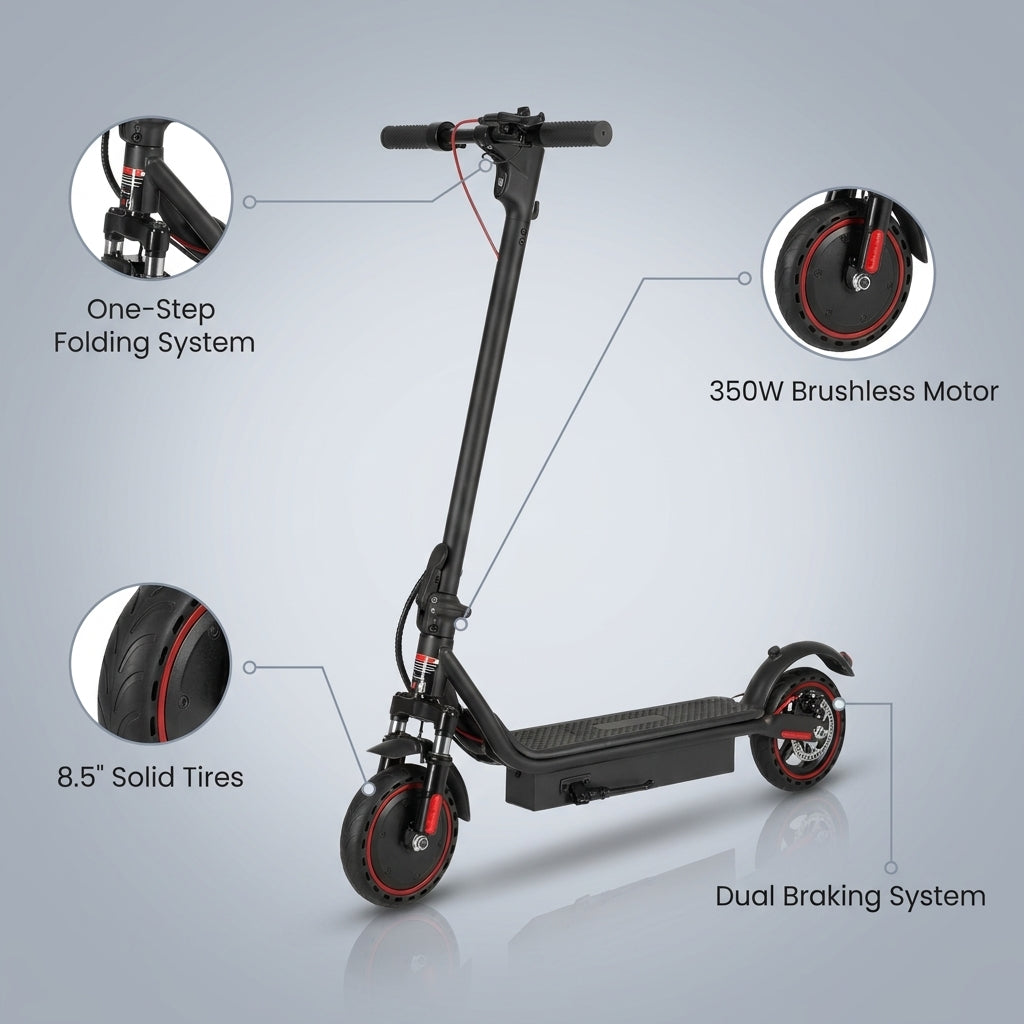 Electric Scooter,350W Motor up to 16MPH 21-24Miles Range 8.5" Solid Tires Portable Commuting Foldable Scooter for Adults with Dual Braking, Escooter for Adults Commuting — infographic