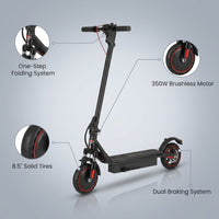 Electric Scooter,350W Motor up to 16MPH 21-24Miles Range 8.5" Solid Tires Portable Commuting Foldable Scooter for Adults with Dual Braking, Escooter for Adults Commuting — infographic