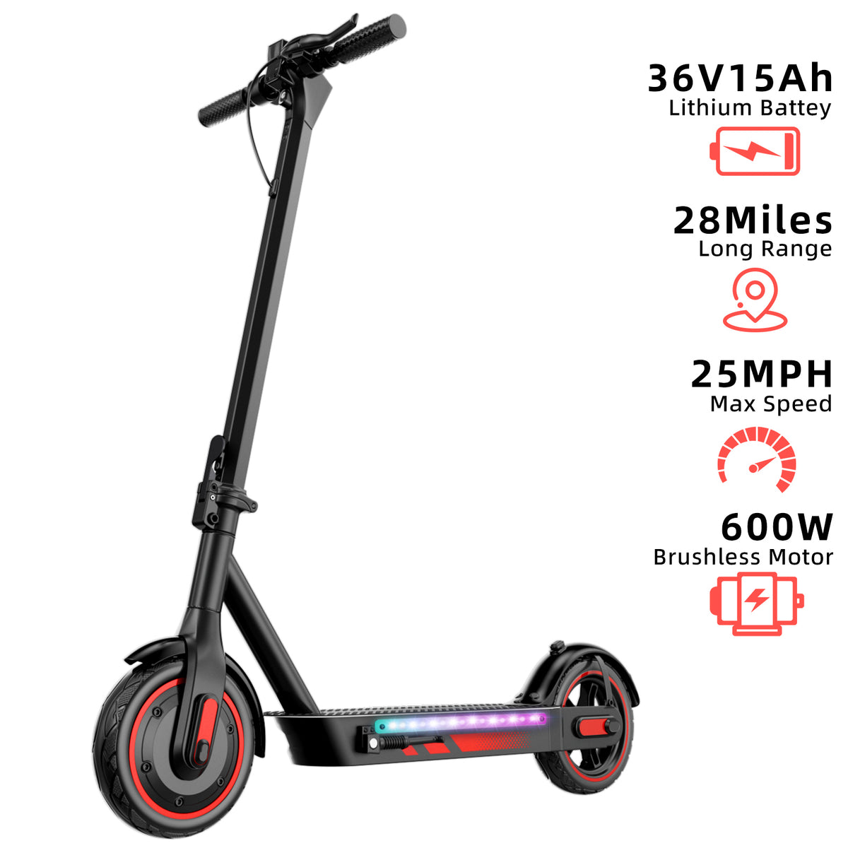 Electric Scooter for Adults, 600W Motor, 10"Air Tires, up to 25 MPH and 22-30 Miles Range, Foldable Commuter E Scooter with Drum Braking System and Smart APP Control Red