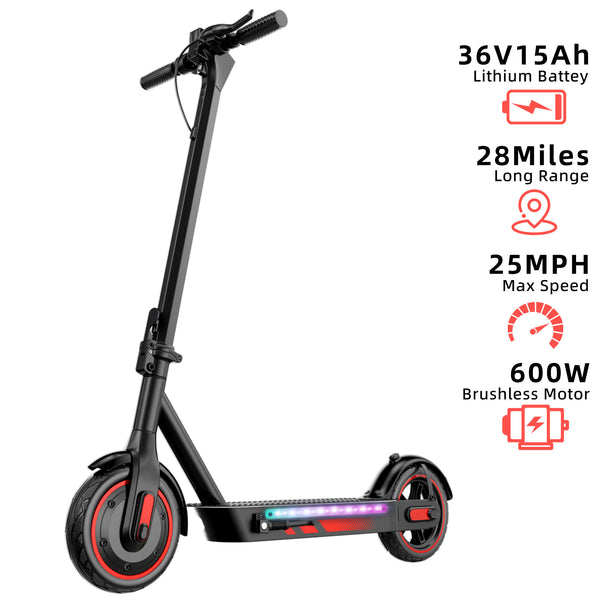 Electric Scooter for Adults, 600W Motor, 10"Air Tires, up to 25 MPH and 22-30 Miles Range, Foldable Commuter E Scooter with Drum Braking System and Smart APP Control Red